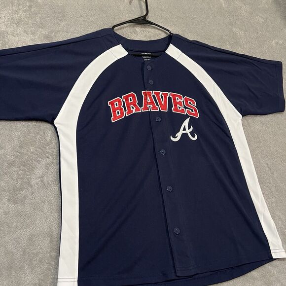 Atlanta Braves Baseball Jersey Youth Large 14/16 Blue MLB Team Athletics - Picture 2 of 6